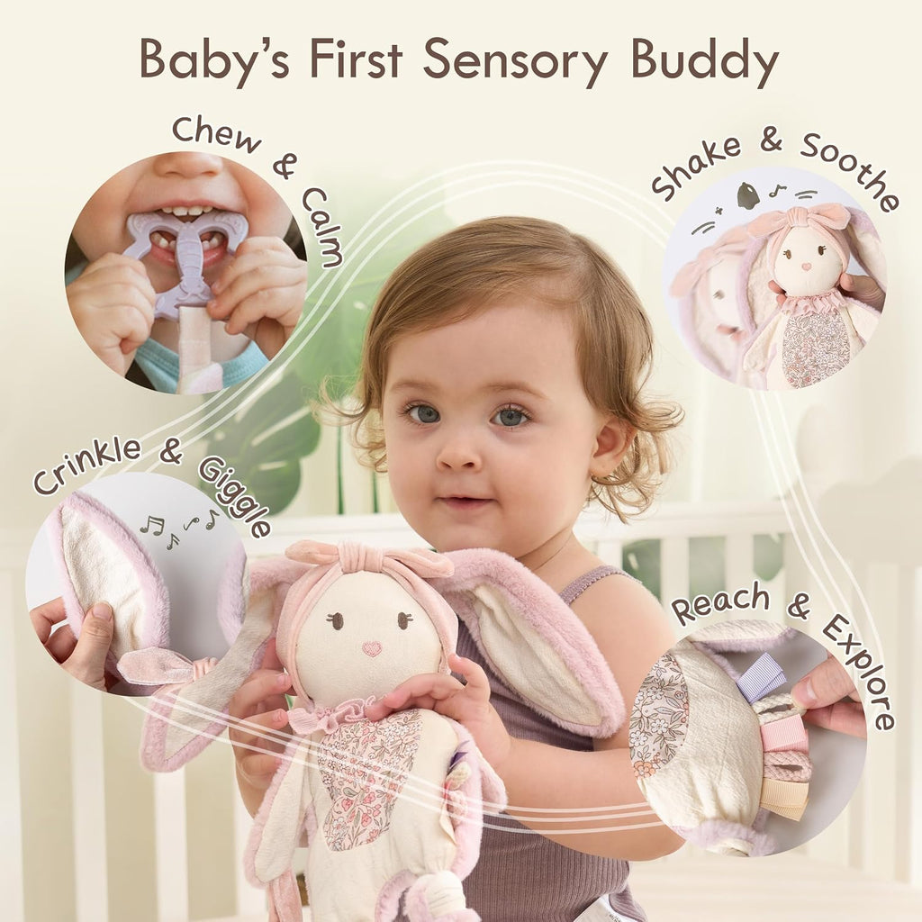 Baby Lovey with Silicone Teether, Bunny Security Blanket with Textured Ribbons, Crinkle Toys, Soft Minky Velour &