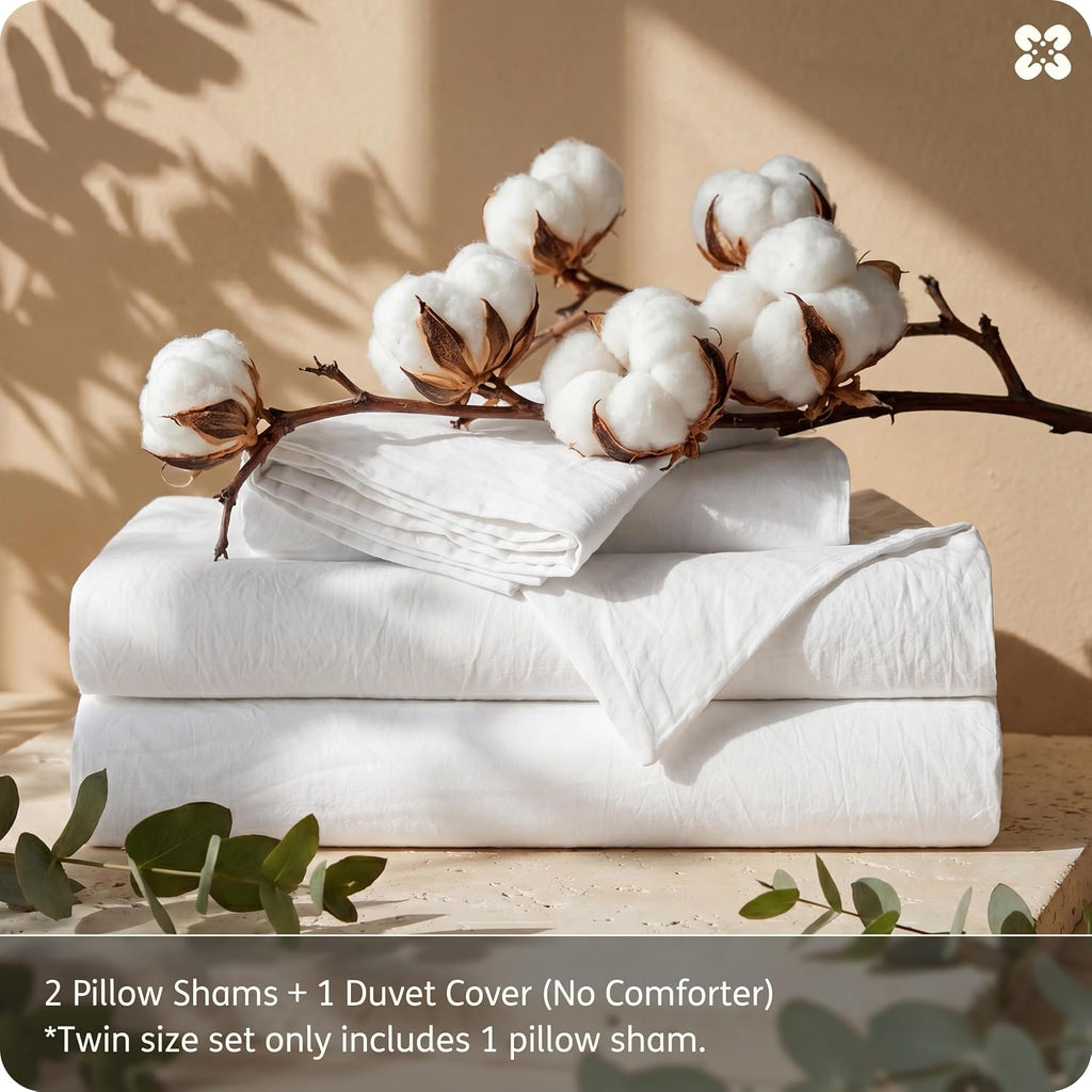100% Washed Cotton Duvet Cover Queen - Natural White Minimalist Bedding Set Linen Like - PureWoven Plain Simple &