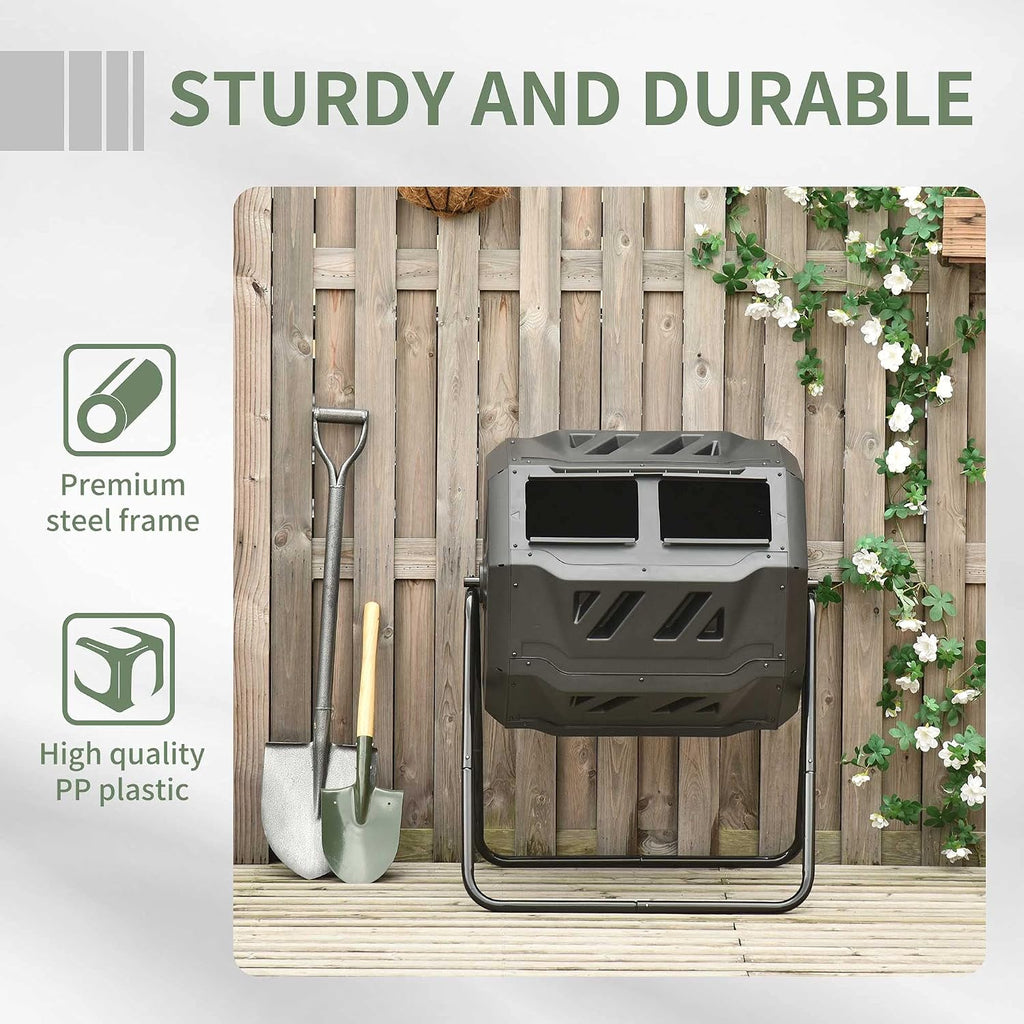 Tumbling Compost Bin 360° Dual Chamber 43 Gallon, Green | Outdoor, Rotating Composter
