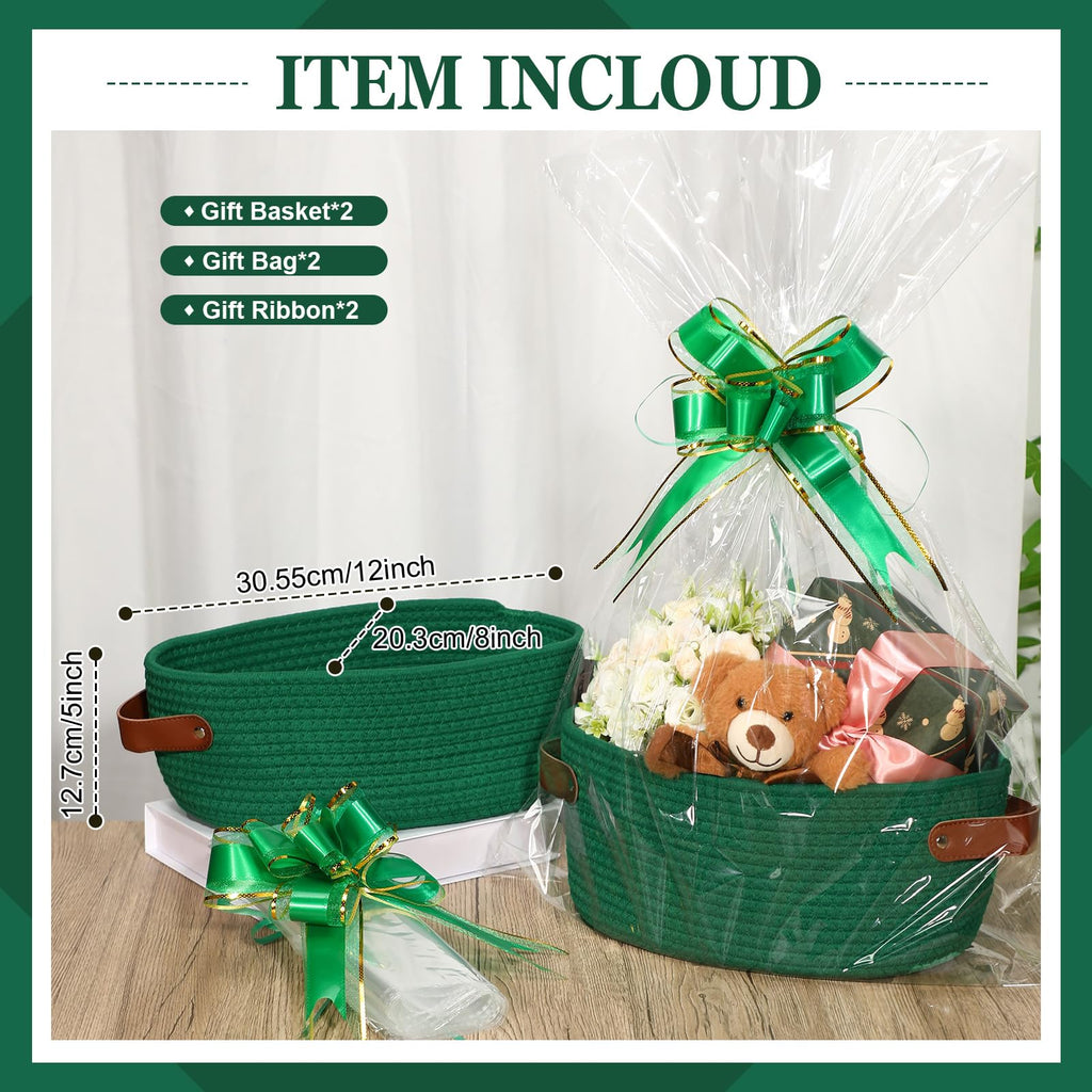 2 Pack Woven Christmas Baskets for Gifts Empty with Handle 12 x 8 x 5 Inch Small Holiday Basket with Bags and Ribbons