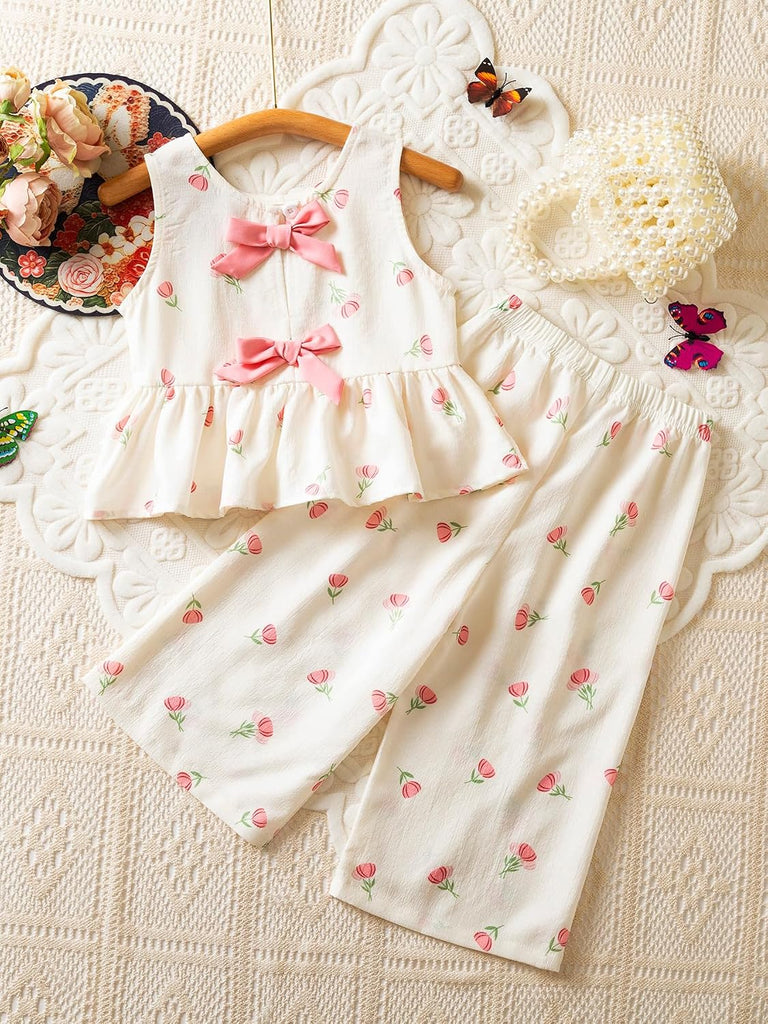 Toddler Baby Girl Summer Clothes Outfits Sleeveless Ruffle Peplum Top Wide Leg Pants 2Pcs Set