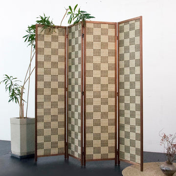 4 Panel Bamboo Room Divider, Gray Checker Folding Privacy Screen
