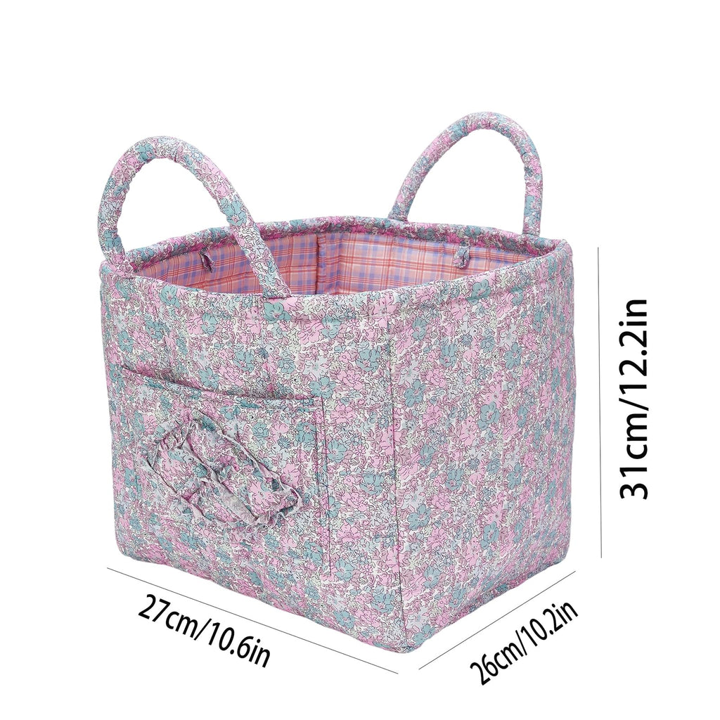 Boho Fabric Storage Basket Quilted Floral Print Baskets Organizer Bin with Handles, Picnic, Shopping (B-Pink