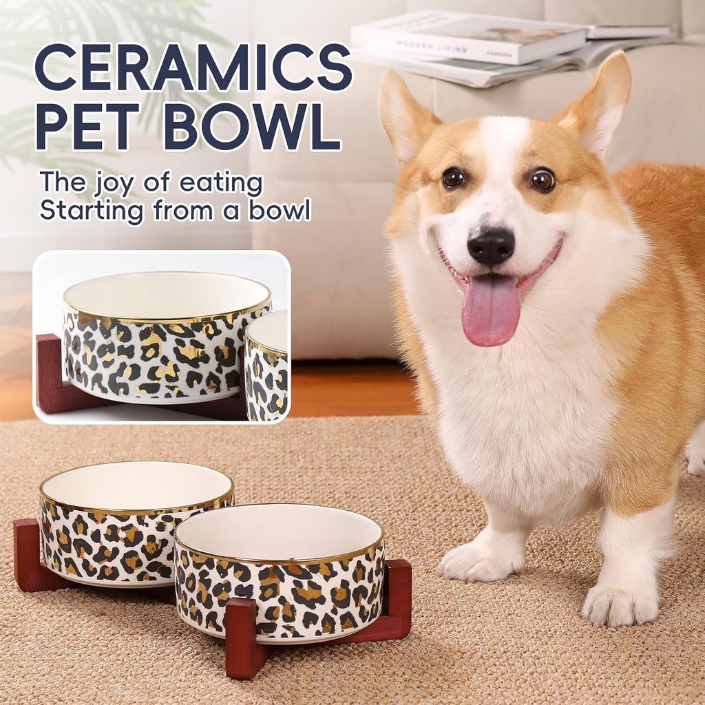 Dog Bowl Set with Wood Stand, Non-Slip Anti-Tip Elevated Design, Double Ceramic Animal Food Water Cat Bowls, Suitable
