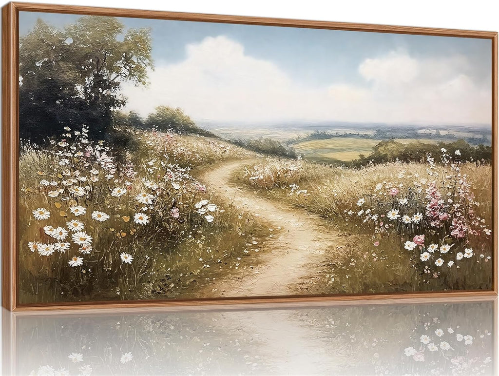 Rustic French Country Framed Canvas Wall Art, Vintage Flower Field Wall Decor, Calming Nature Landscape Art