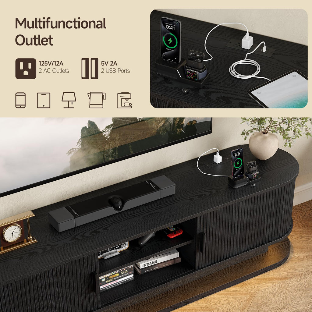 TV Stand with LED Lights and Power Outlet (Black, 70 Inches)