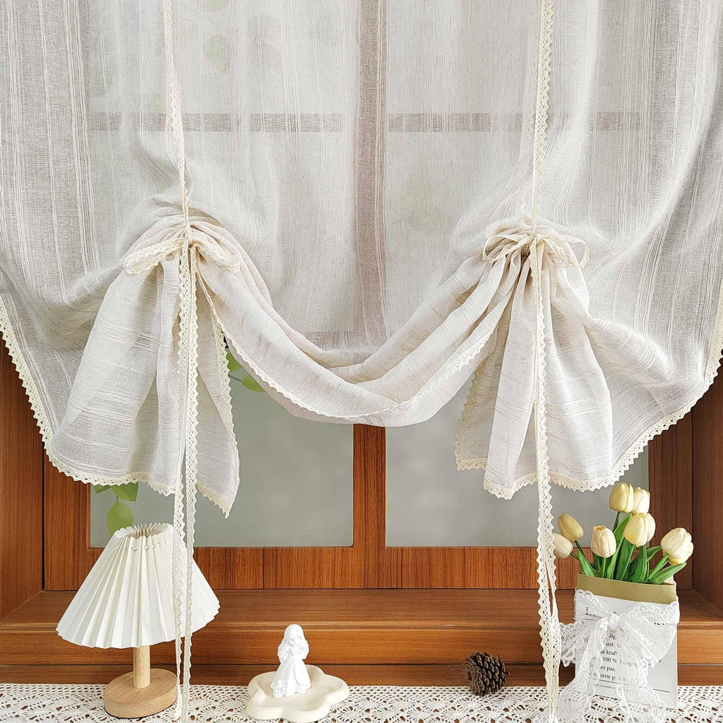 Beige Crochet Linen Striped Tie Up Sheer Curtain Valance Window