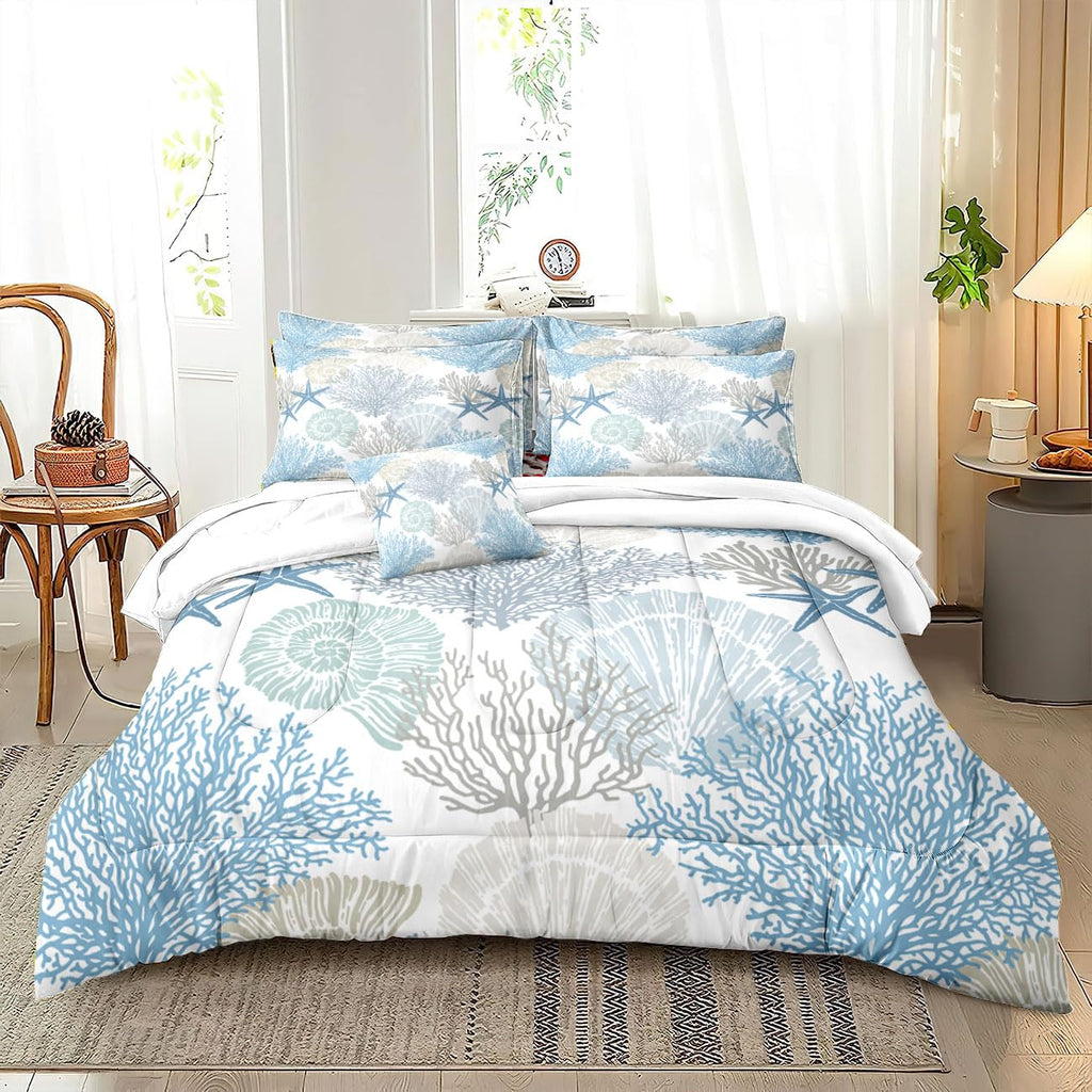 Summer Coastal Comforter Set Beach Blue Shells Quilt Bedding Set
