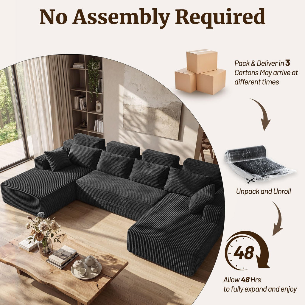 Boneless Couches - 134" Modular Sectional Sofa U Shaped Oversized Deep Seat High Back Corduroy No Assembly Modern