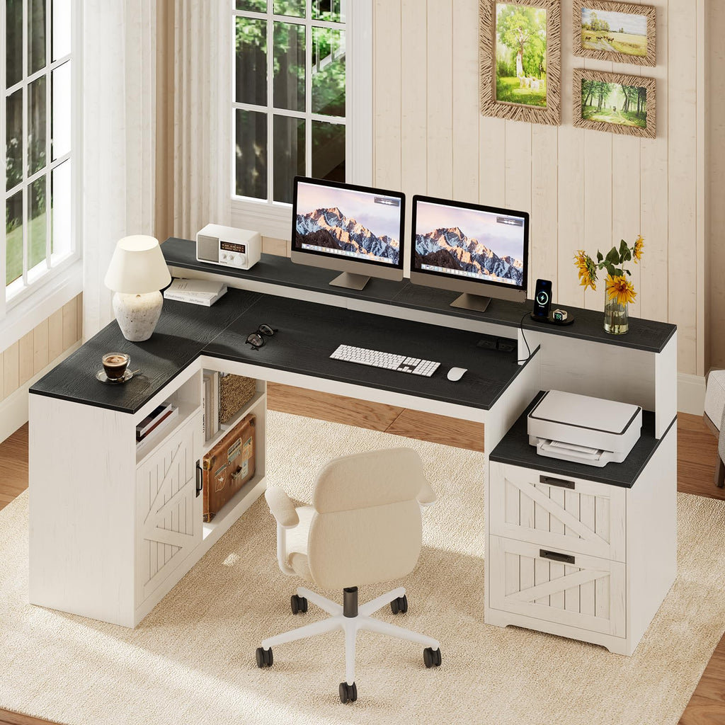63" Farmhouse L Shaped Desk with Drawers and Printer Stand