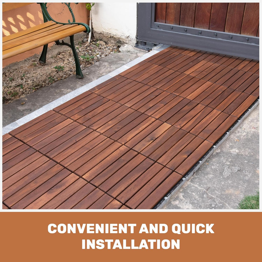 Wood Interlocking Deck Tiles, 12" x 12" Square Outdoor Flooring, Water-Resistant Patio Tiles for Balcony, Poolside
