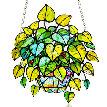Plant Suncatcher Glass, Stained Glass Suncatcher Plant Window Hanging, Unique Nature Lover Gifts Leaf