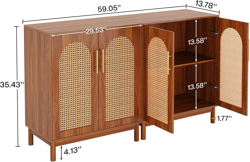 Set of 2 Rattan Sideboard Buffet with Storage, 59 Inch Accent Cabinet with Doors, Storage Cabinet , Caramel Brown