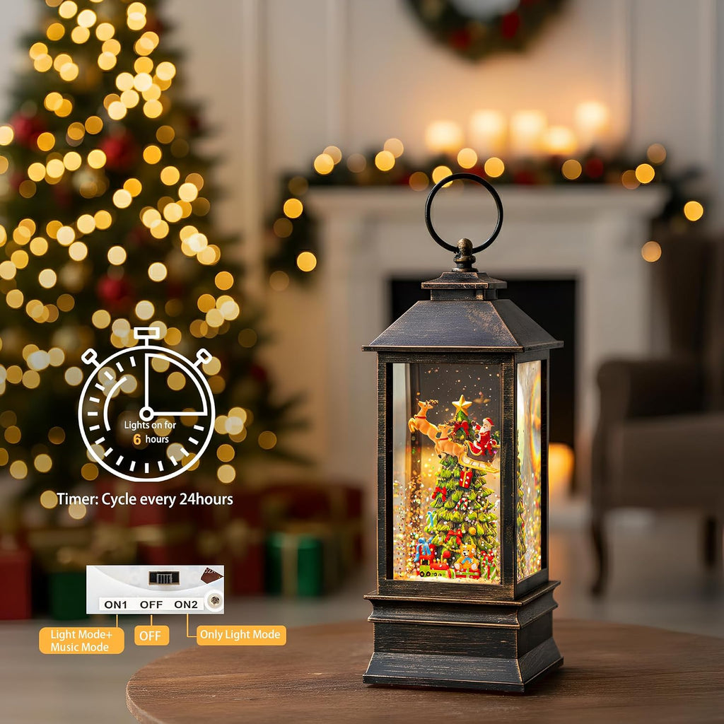 Christmas Snow Globe Lantern with Music & Timer, Vintage Lighted Musical Snow Globe with Swirling Water Glitter