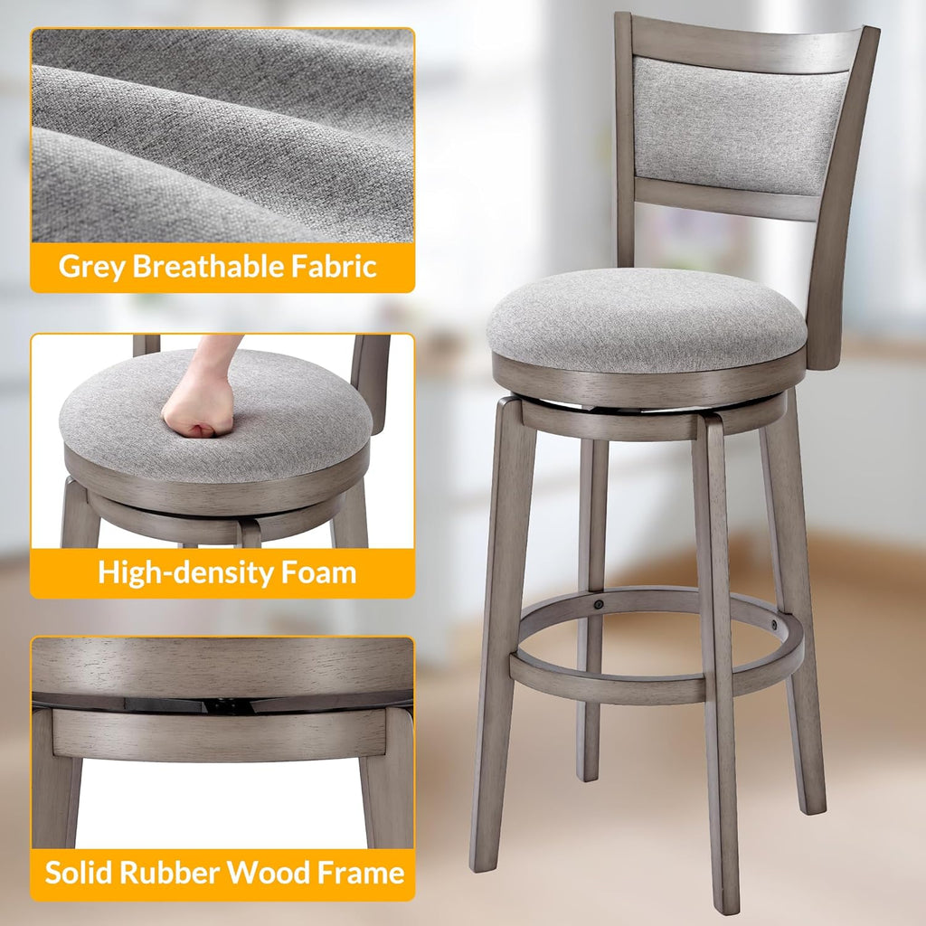 Swivel Bar Stools Set of 2, 30 Inch Bar Height Barstools, High Back Bar Stool with Solid Wood Legs & Wrap-Around