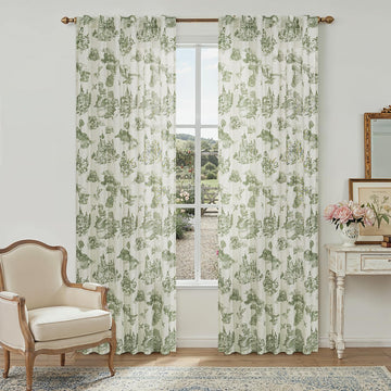 Sage Green Floral Linen Curtains 84 Inches Long Bedroom Toile de Jouy Printed Patterned Country Semi Sheer Curtains