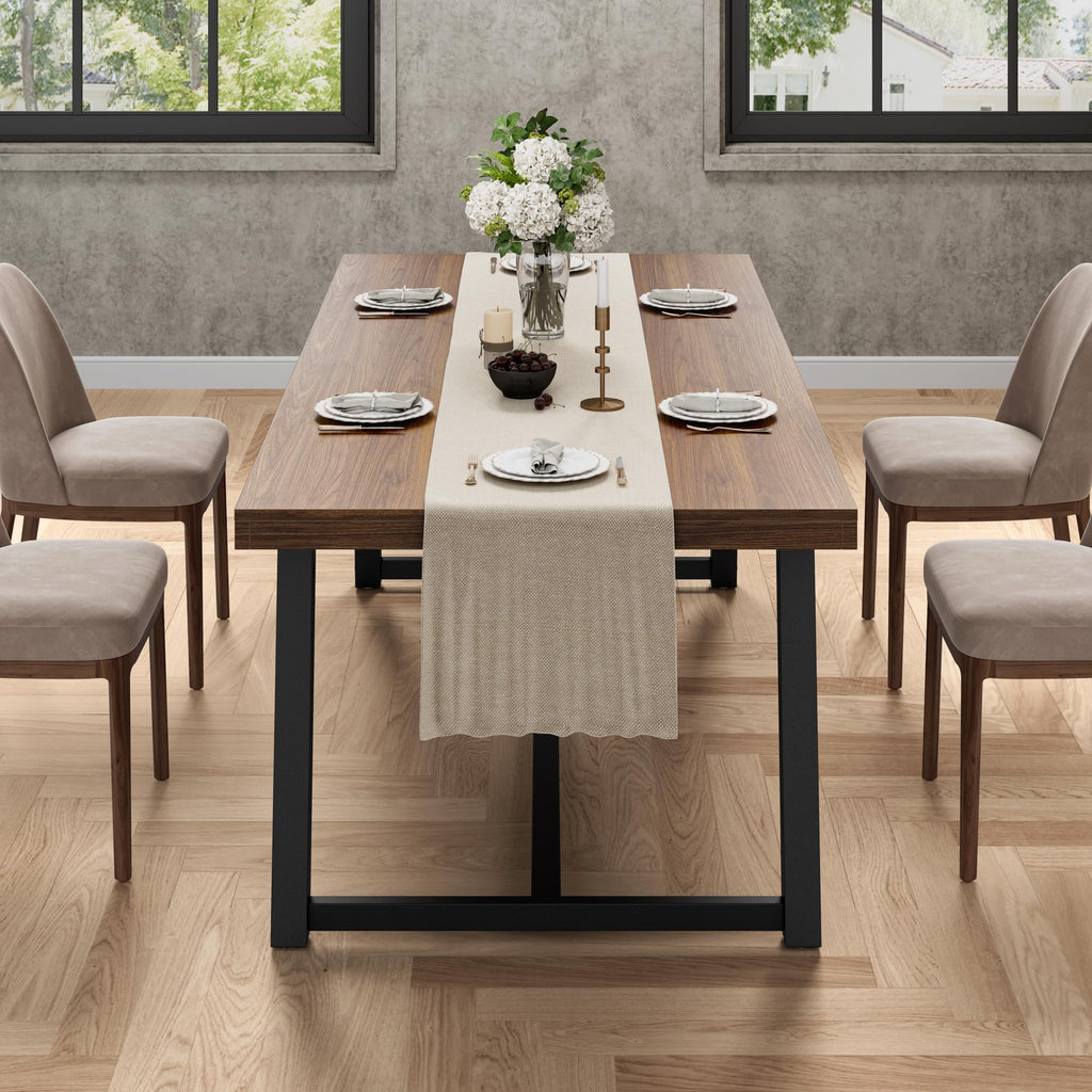 71" Dining Table for 6-8 People, Industrial Kitchen Table with Sturdy Metal Frame, Rectangular Brown Wood Dinner Table
