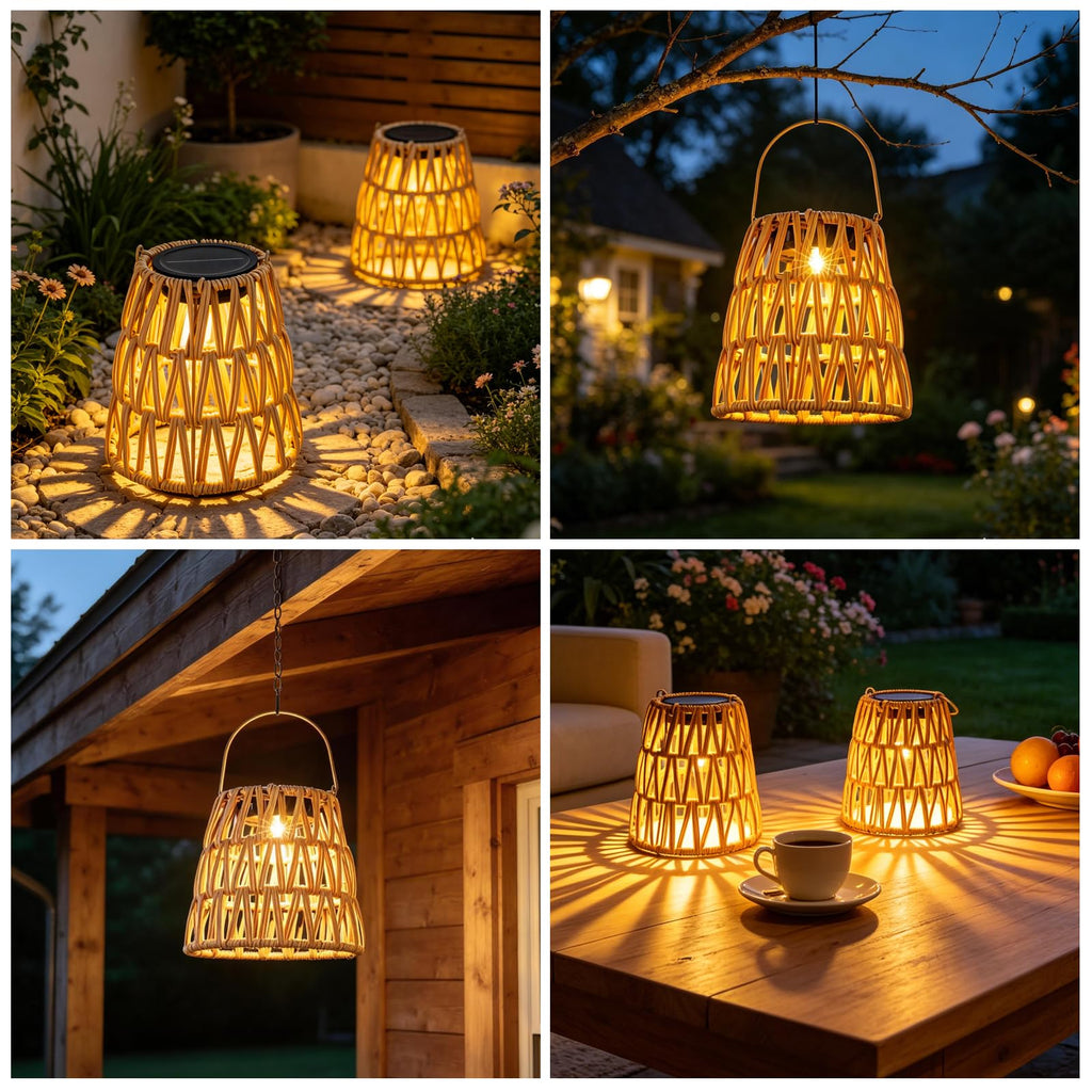 Solar Lanterns Outdoor Waterproof 2 Pack, Hanging Solar Boho Lights for Outside Tree, Decorative Rattan Outdoor