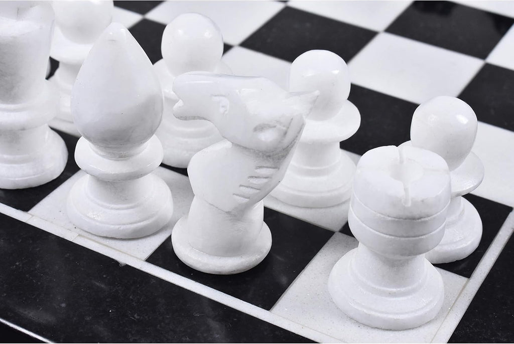 Marble Stone Chess Pieces & Board Set -Black and White - 12" - Minimalist Gift
