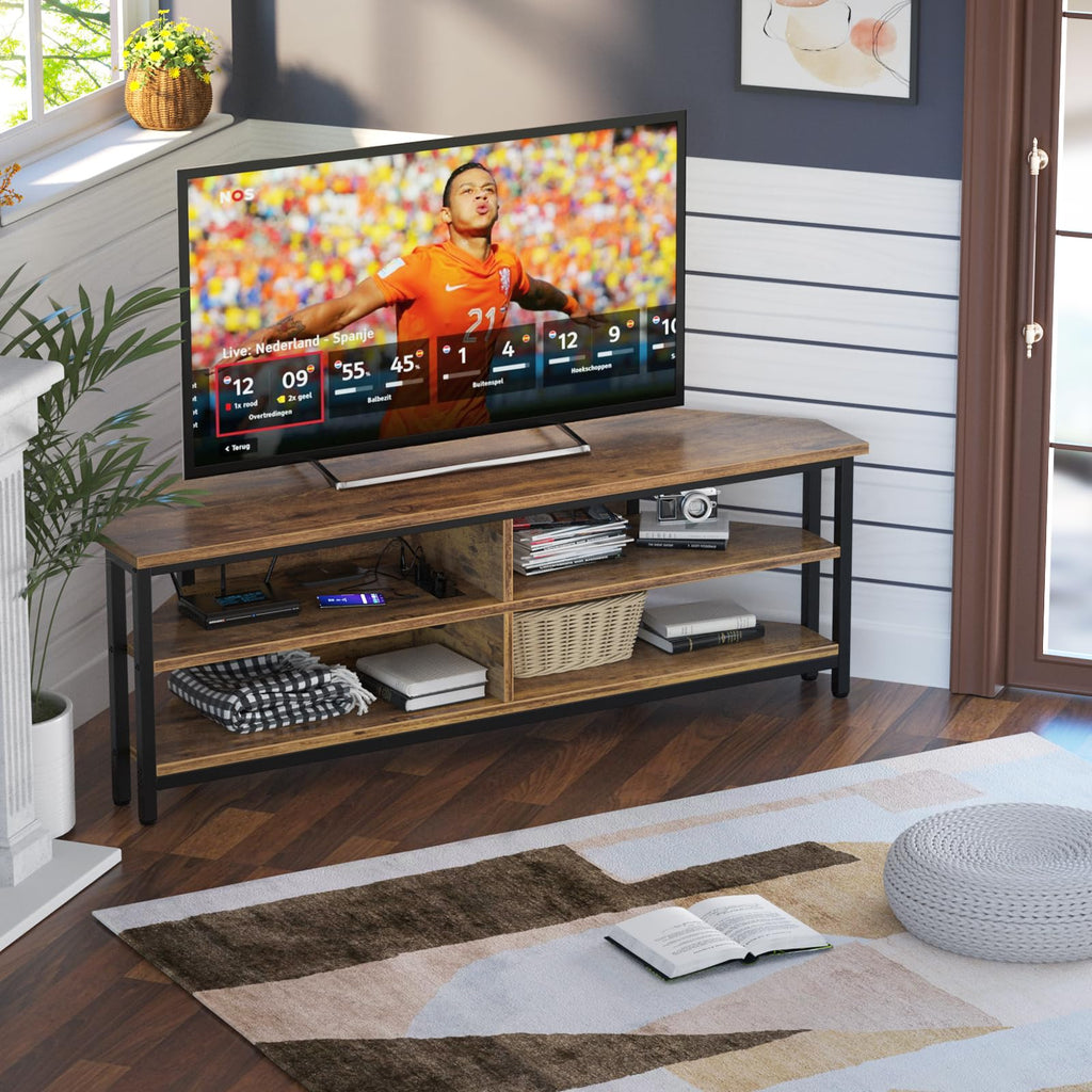 55'' Corner TV Stand with Power Outlet, Corner Entertainment Center TV Console Table with 4 Open Storage Shelves