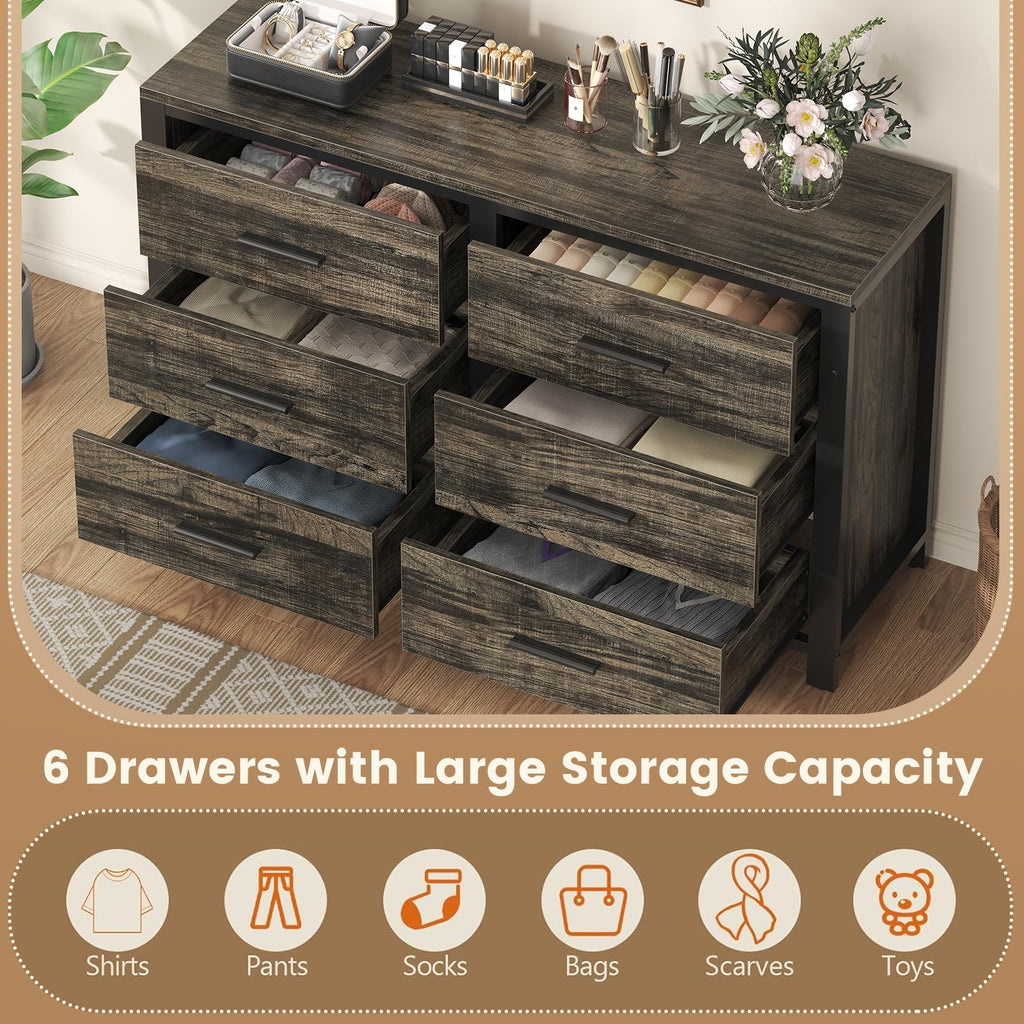 Dark Rustic Dresser, Wide Wood Dressers Furniture with 6 Wooden Drawer and Metal Frame, TV Stand with Deep Drawer