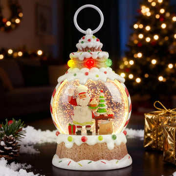 9" Lighted Musical Snow Globe Lantern, Gingerbread Santa Baker with Swirling Glitter, Cupcake Christmas Tree, USB