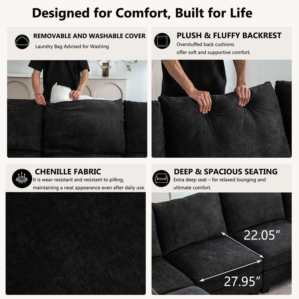 124" U-Shaped 8 Seater Sectional Couches with Storage Ottoman, Black