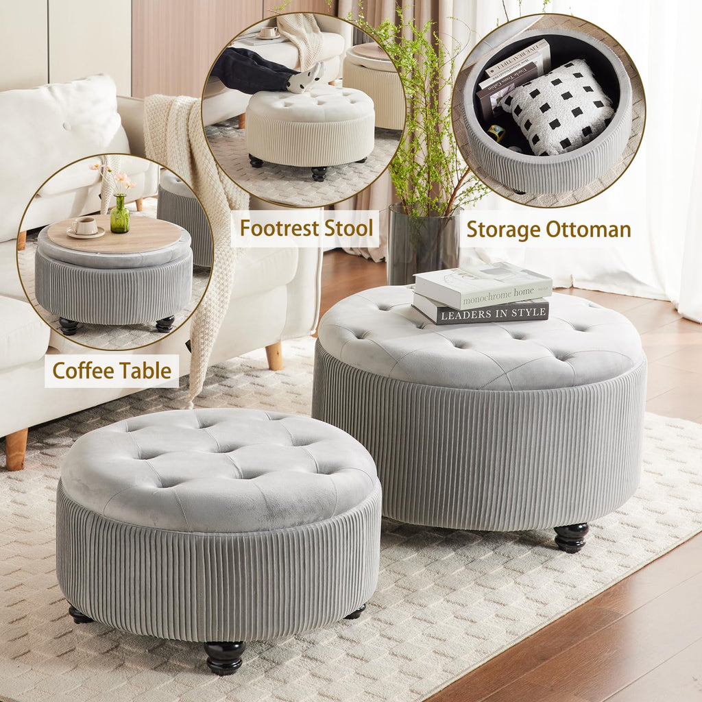 29'' & 24.5'' Round Storage Ottoman Coffee Table Set of 2, Light Gray