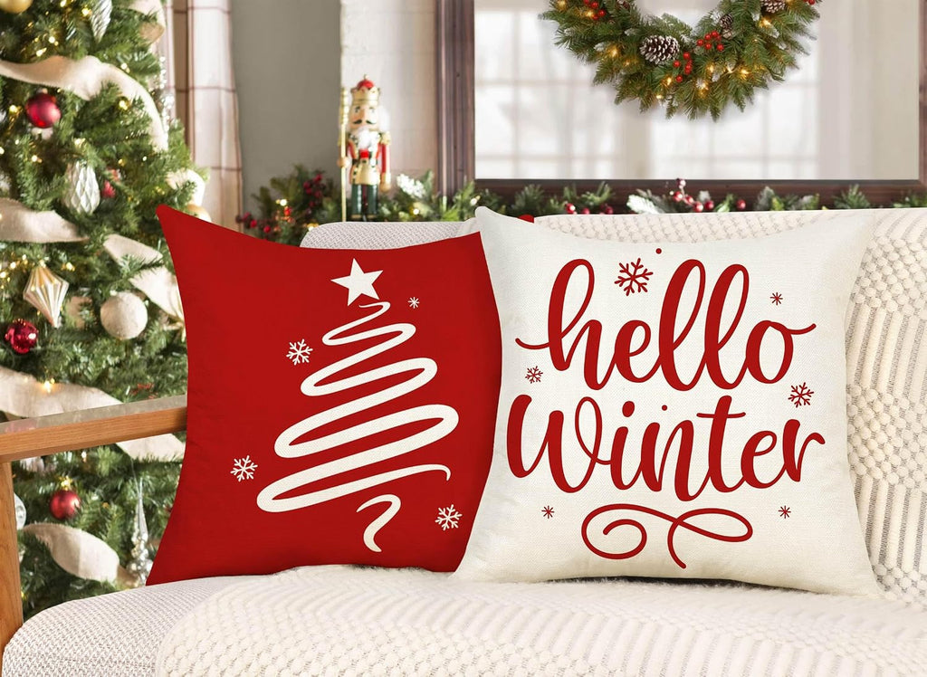 Red Christmas Pillow Covers 18x18 Farmhouse Xmas Decorations Snowflake Hello Winter Holiday Decor Throw - Set of 4