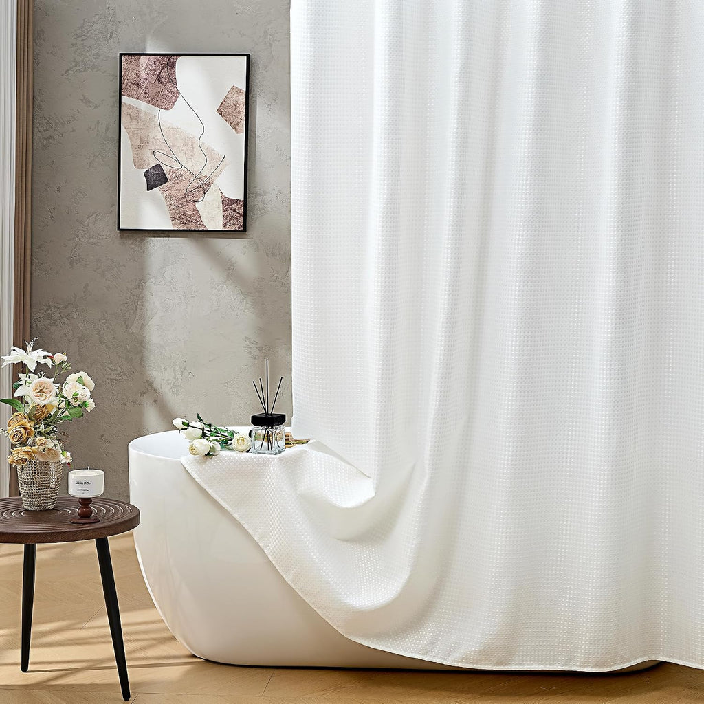 Shower Curtain Set, 180GSM Waffle Weave Fabric with PEVA Liner & 12 Metal Hooks, 3-in-1 Bathroom Curtain Set,White