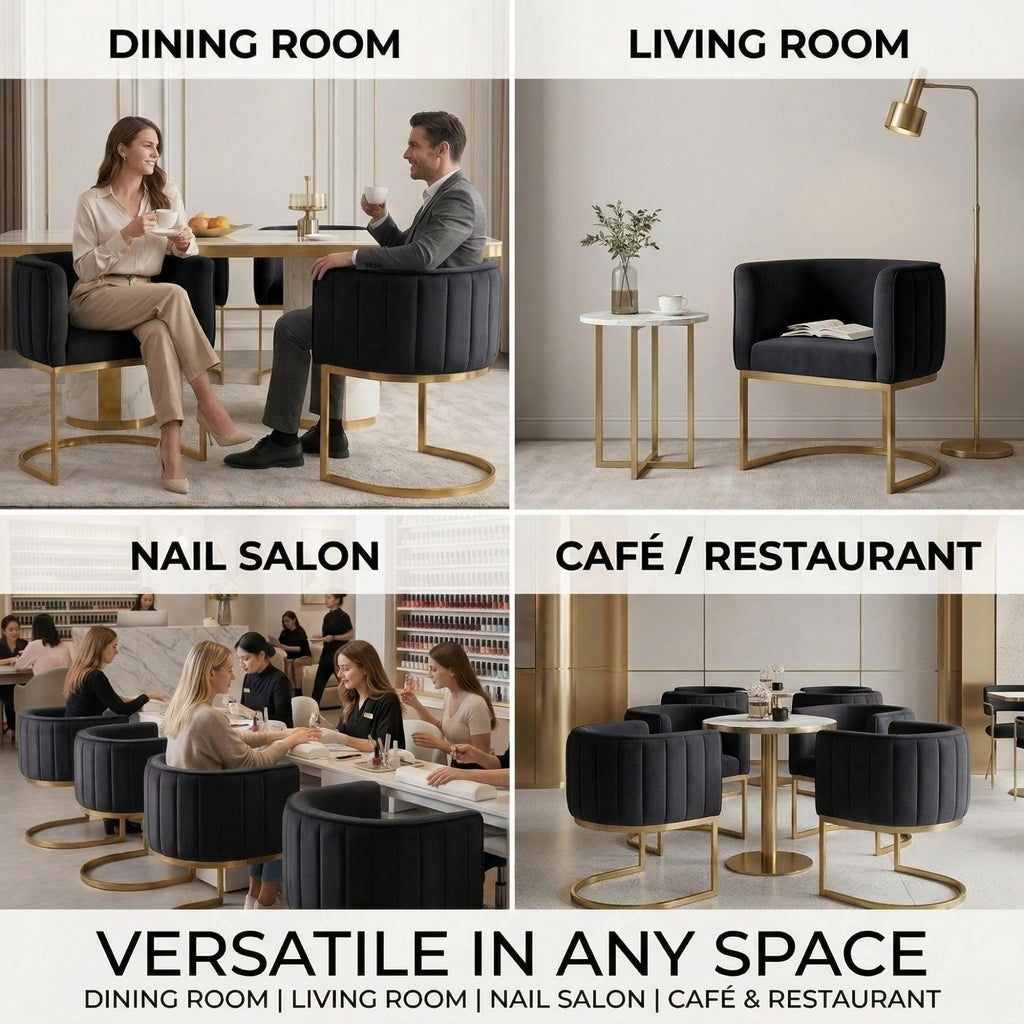 Black and Gold Barrel Dining Chairs Set of 2, Modern Velvet Upholstered Accent Chairs with Curved Back Island, Luxury