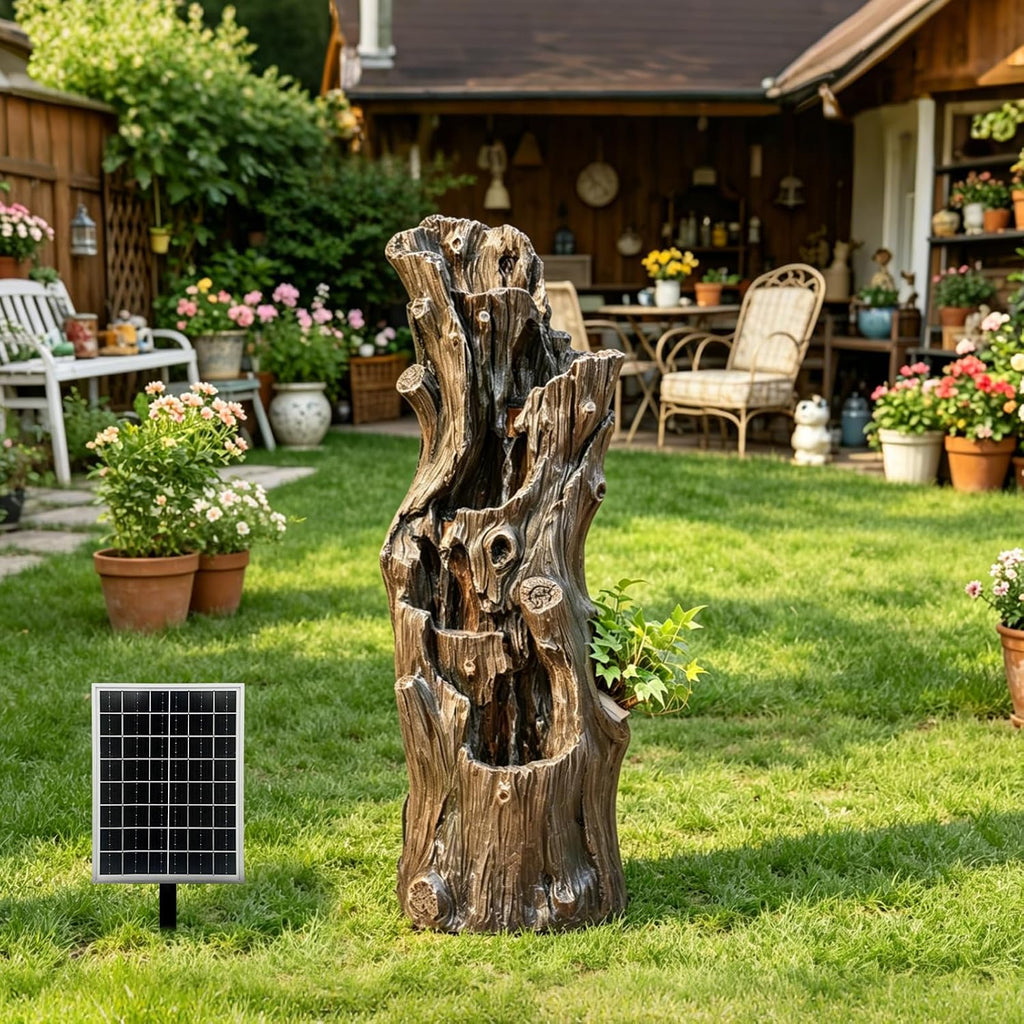 39.37" Tall Solar Water Fountain Outdoor Garden Faux Tree Stump | 5 Tier Solar Powered Water Fountains with LED