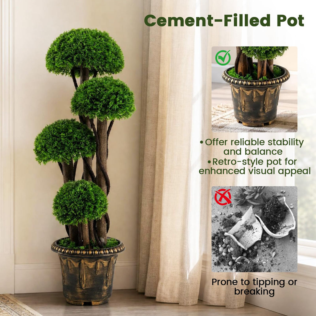 3FT Artificial Cypress Topiary Ball Tree, Indoor Outdoor Fake Boxwood Tree with Rattan Trunk, Cement Filled Pot
