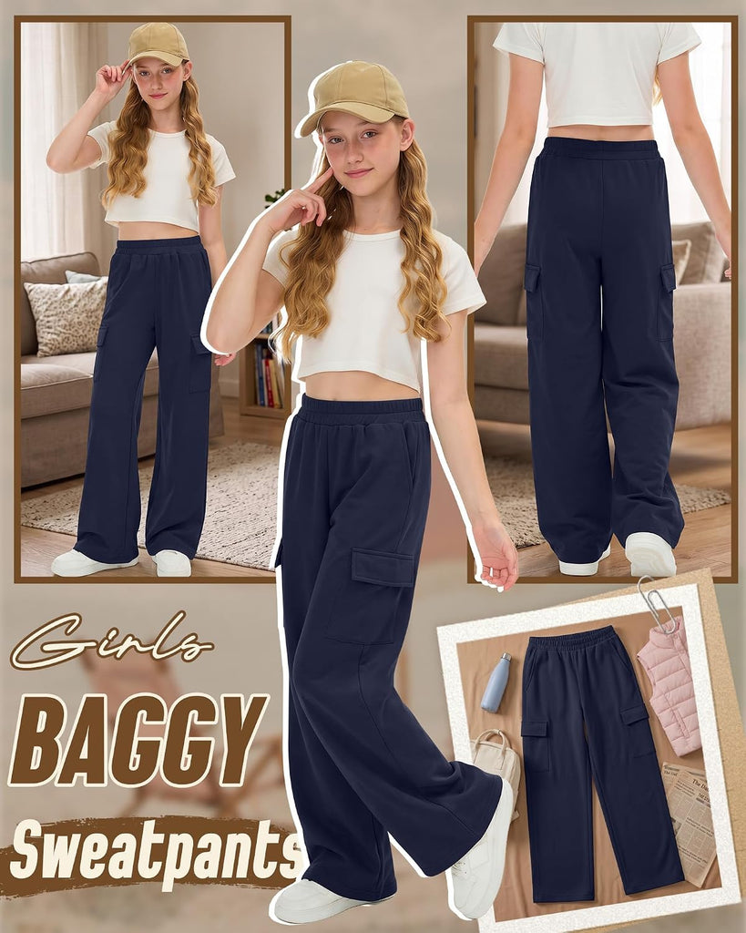 Girls' Uniform Pants Wide Leg Cargo Sweatpants