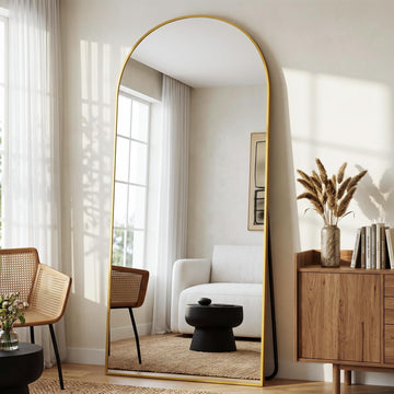 76"x34" Arched Full Length Mirror with Stand, Gold Floor Mirror