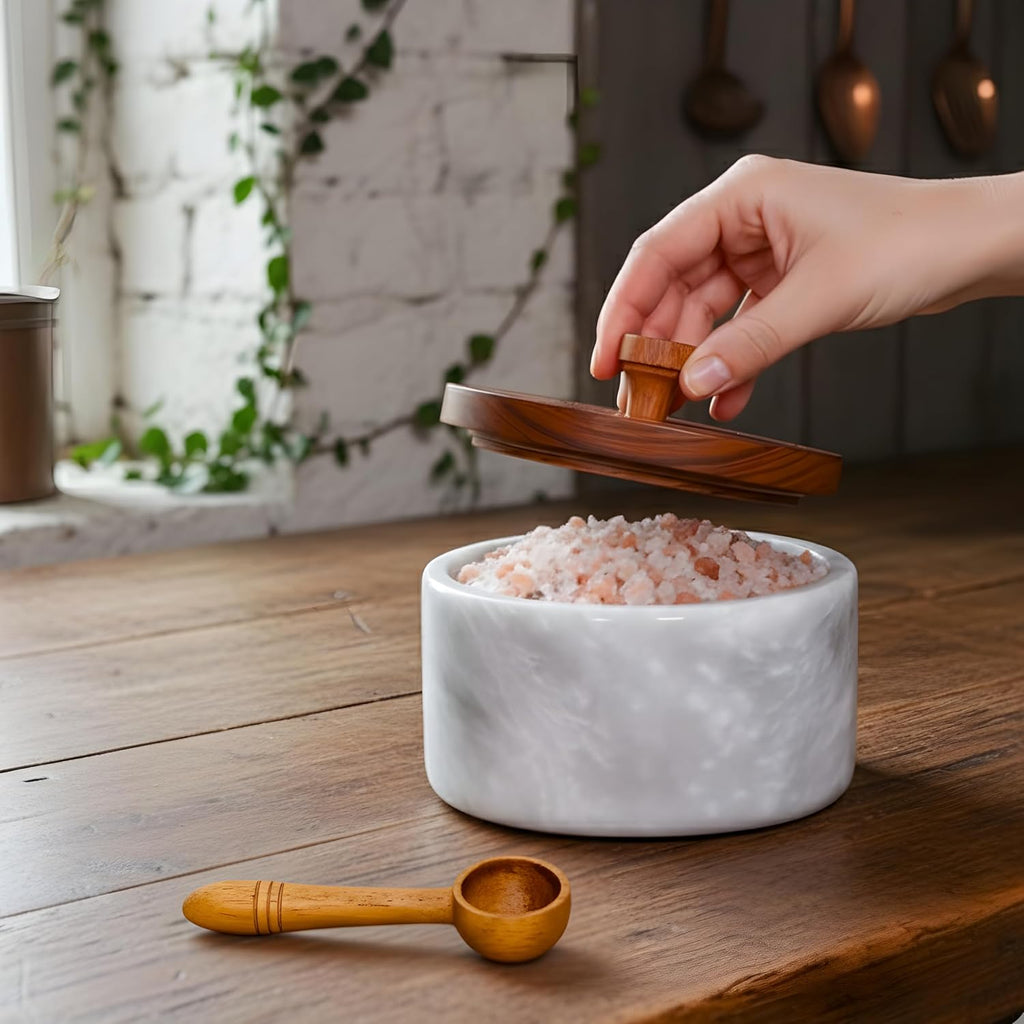 Marble salt cellar with lid and spoon, salt container with spoon, salt bowl with acacia wood lid, salt holder