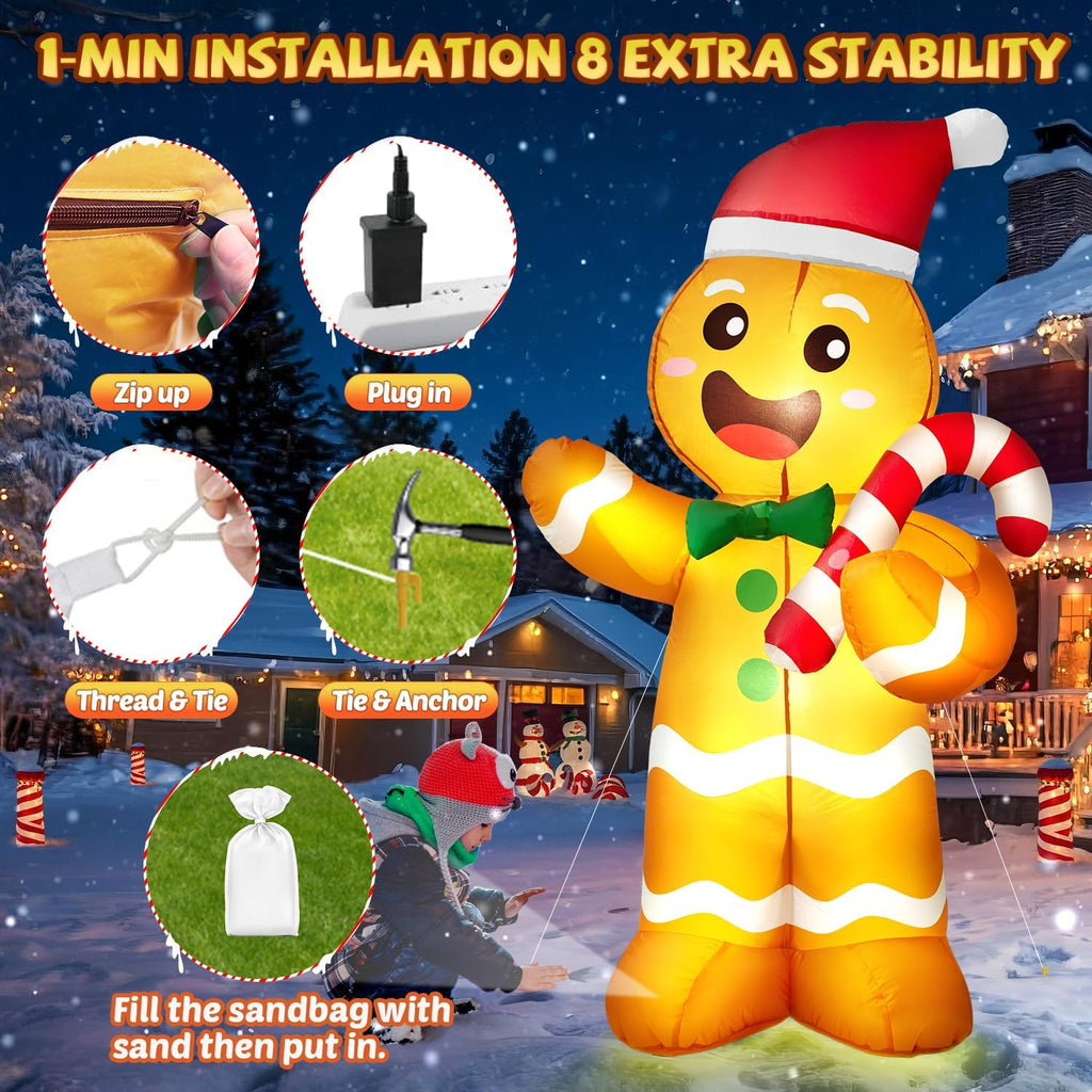 5FT Christmas Inflatables Gingerbread Man, Christmas Decoration Outdoor Built-in Bright LED Light Hold Candy Cane