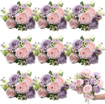Bundles Artificial Peony Centerpiece Flowers,Pink, Purple - Set of 8
