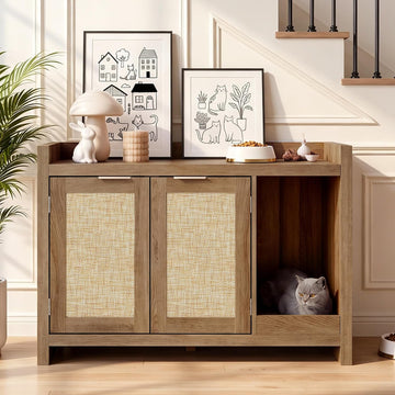 Cat Litter Box Enclosure, Modern Rattan Hidden Litter Box Furniture