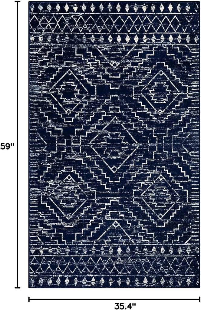Moroccan Washable Rug 3x5, Blue Non-Slip Entryway Area Rug, Soft Farmhouse Bedroom Throw Mat, Geometric Low Pile