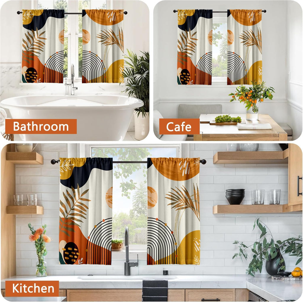 Orange Boho Curtains 39 Inch Mid Century Cafe Drapes for Small Windows Abstract Leaves Rainbow Colorful Modern