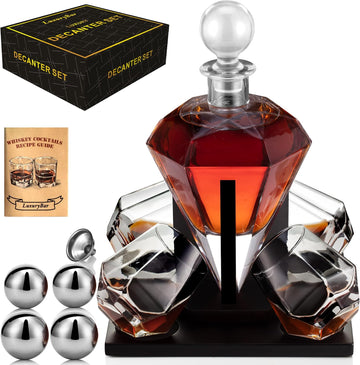 Diamond Whiskey Decanter Set 4 ChillBall Glasses&Tray Decanter Sets for Men - Set of 12
