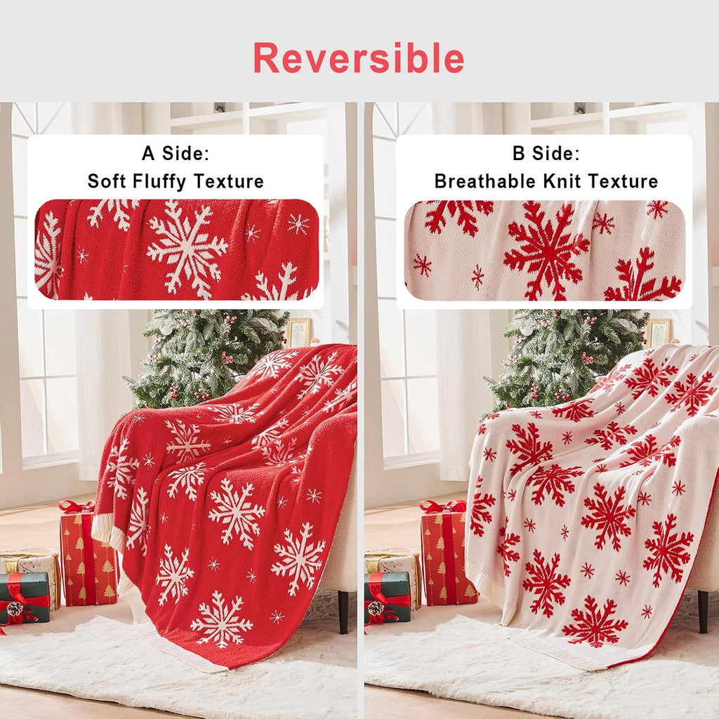 Reversible Knitted Throw Blanket, Red Christmas Snowflake, 60"x80"