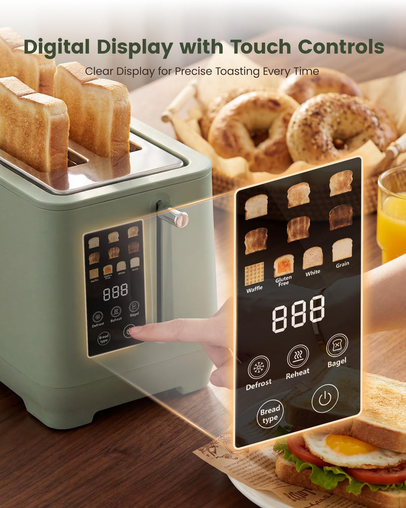 4 Slice Toaster, Long Slot Touch Screen Retro Toaster with Digital Countdown, Extra-Wide Slots for Bagels & Bread, 6