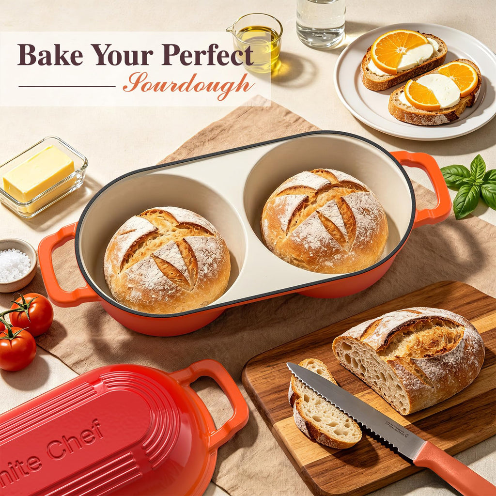 Complete Mini Double Dutch Oven Kit for Sourdough Bread - Enameled Cast Iron Bread Pan with Deep Dual Loaf Pots