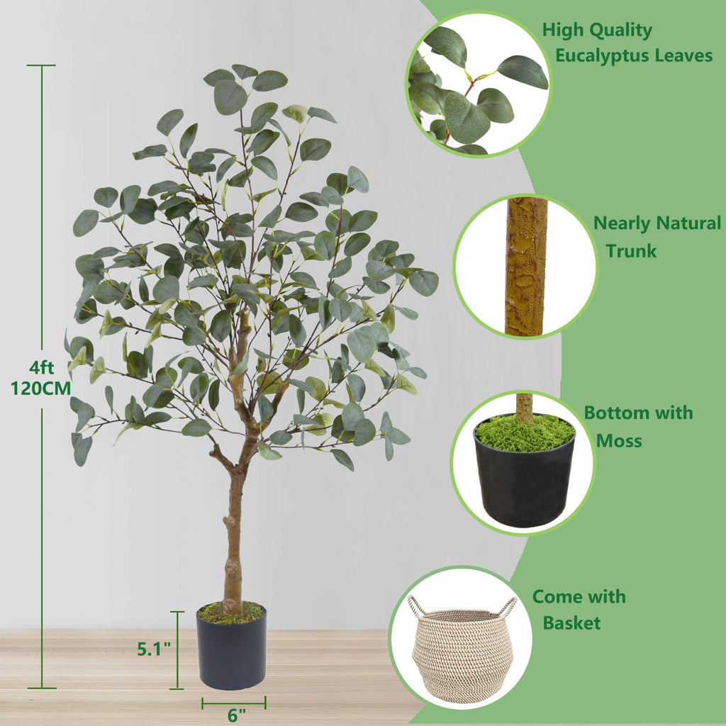 Artificial Eucalyptus Tree 4ft Faux Plant with Woven Basket