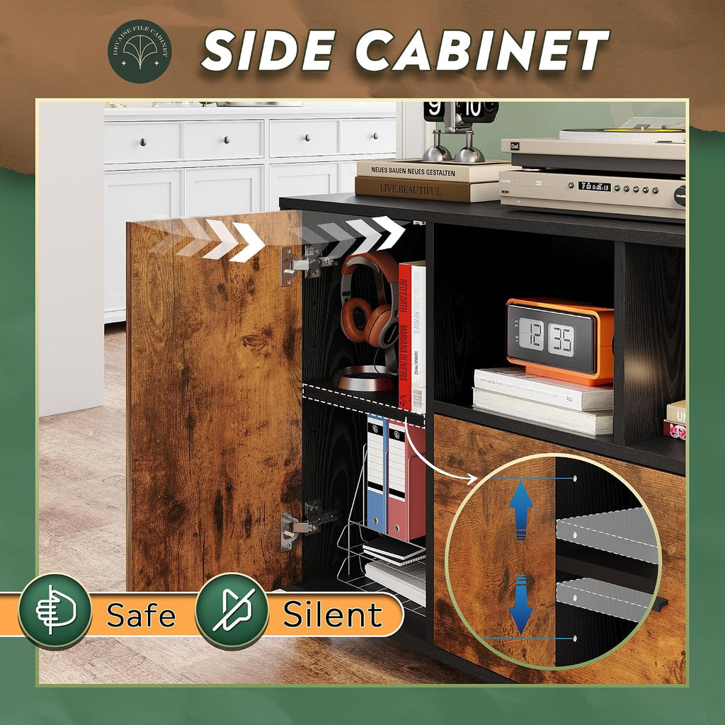Printer Stand with Storage, Mobile Wood File Cabinet, Rustic Brown | Locking & Rolling, Lateral Filing Cabinet, Doors
