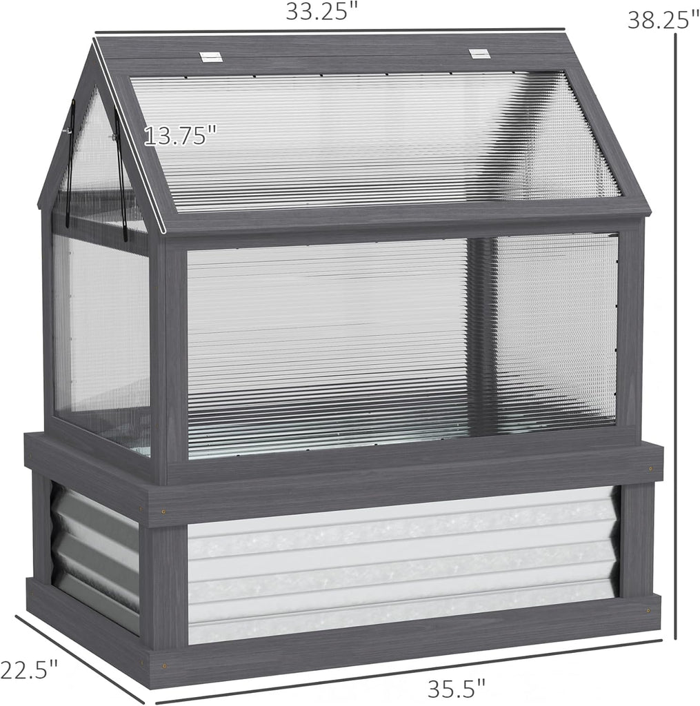 Raised Garden Bed with Greenhouse, Wooden Cold Frame Planter Kit, 35.5"x22.5"x38.25", Gray - Outdoor Plant Protector