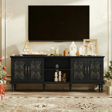 67" Retro TV Stand with Hollow Carved Doors, Black