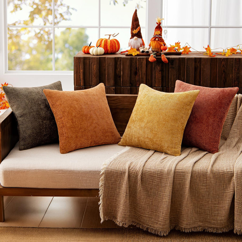 Decorative Chenille Fall Pillow Covers Orange Brown 18x18 Pack of 4